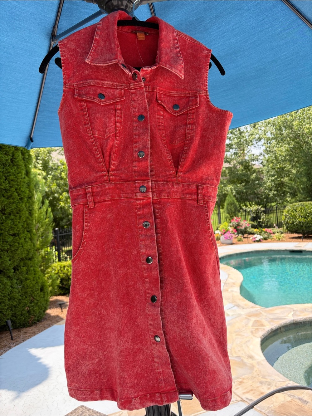 Scully Distressed Red Denim Button-Front Mini Dress